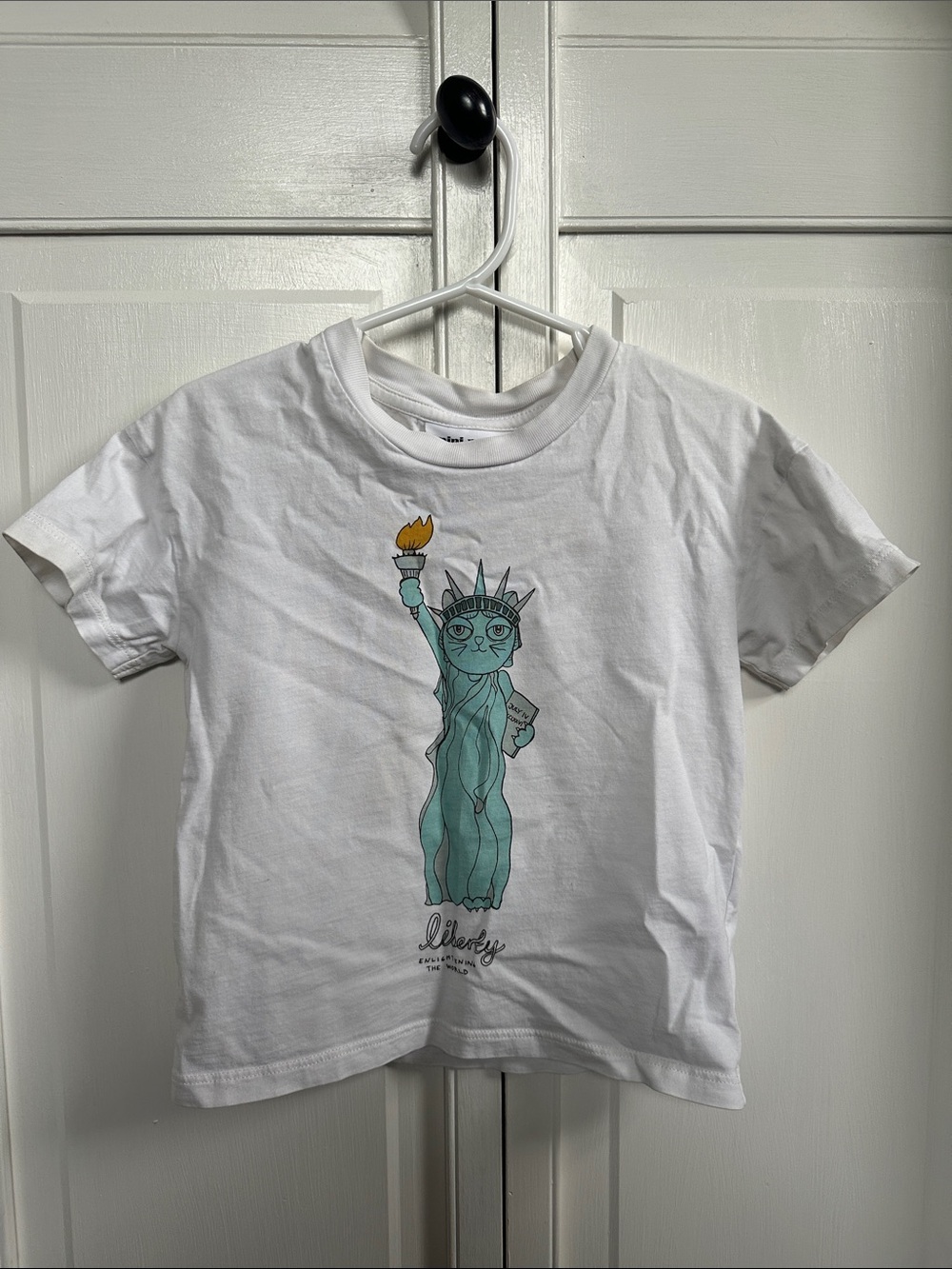 Mini Rodini White Tee with Teal Statue of Liberty Cat Graphic